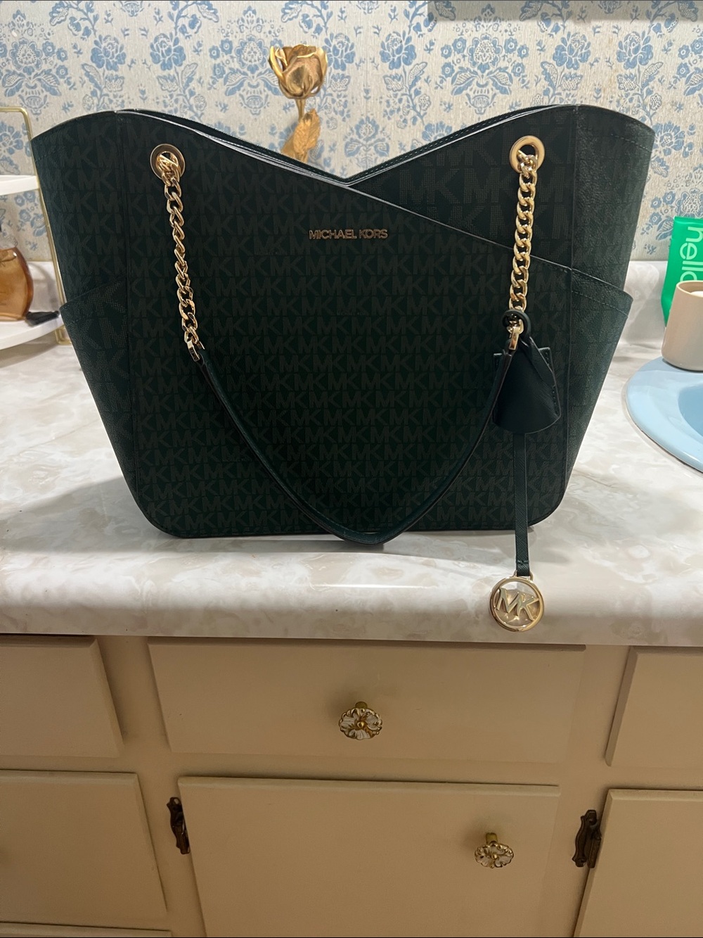 Michael Kors Dark Green Chain-Strap Tote with Gold Hardware